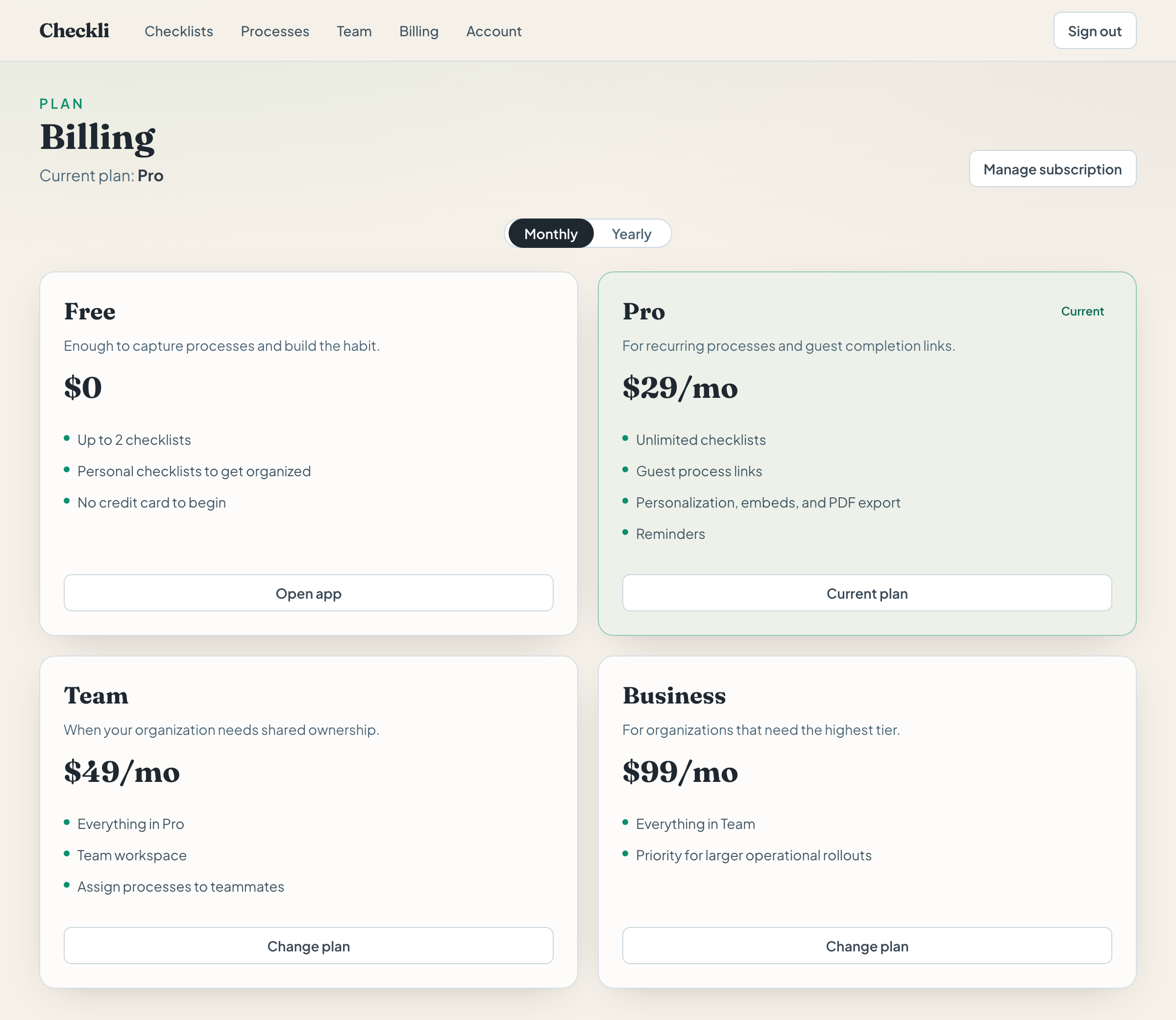 The billing page with Free at $0, Pro at $29 per month marked current, Team at $49 per month, and Business at $99 per month.