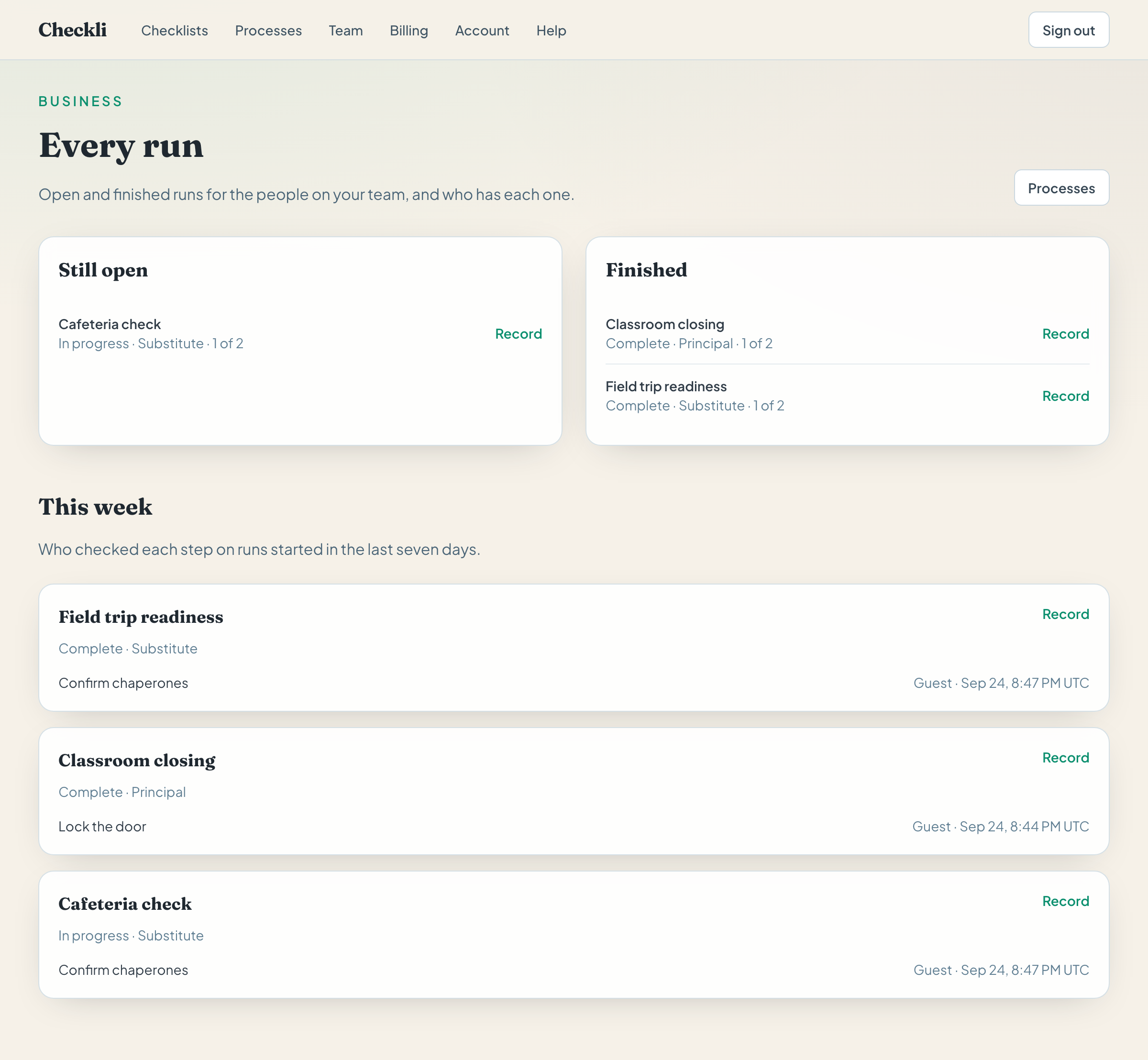 The Building page. Cafeteria check is still open for Substitute. Classroom closing and Field trip readiness are finished, and This week shows who checked a step on each run.