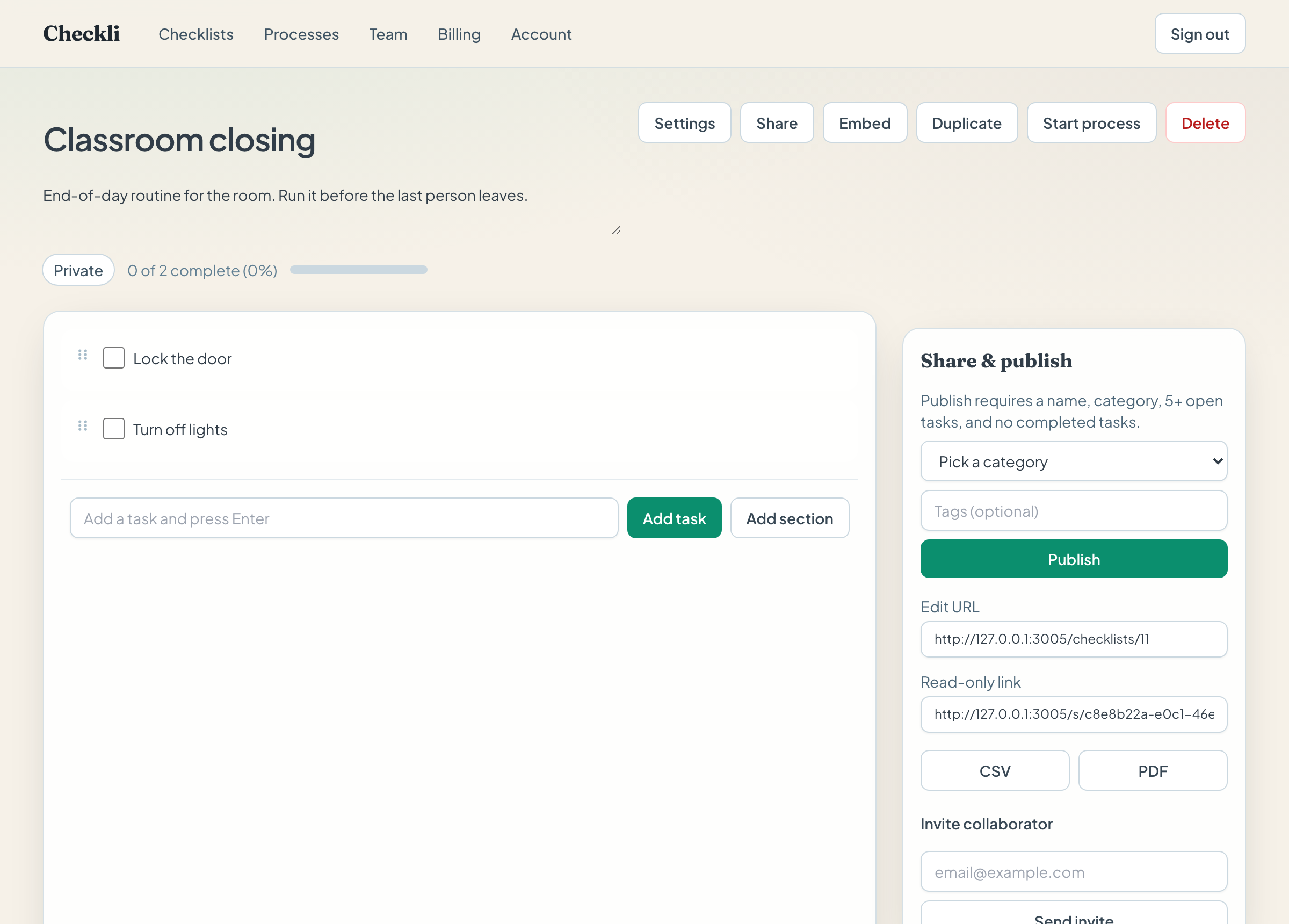 A Classroom closing checklist with Lock the door and Turn off lights, plus Settings, Share, Start process, and a publish panel.