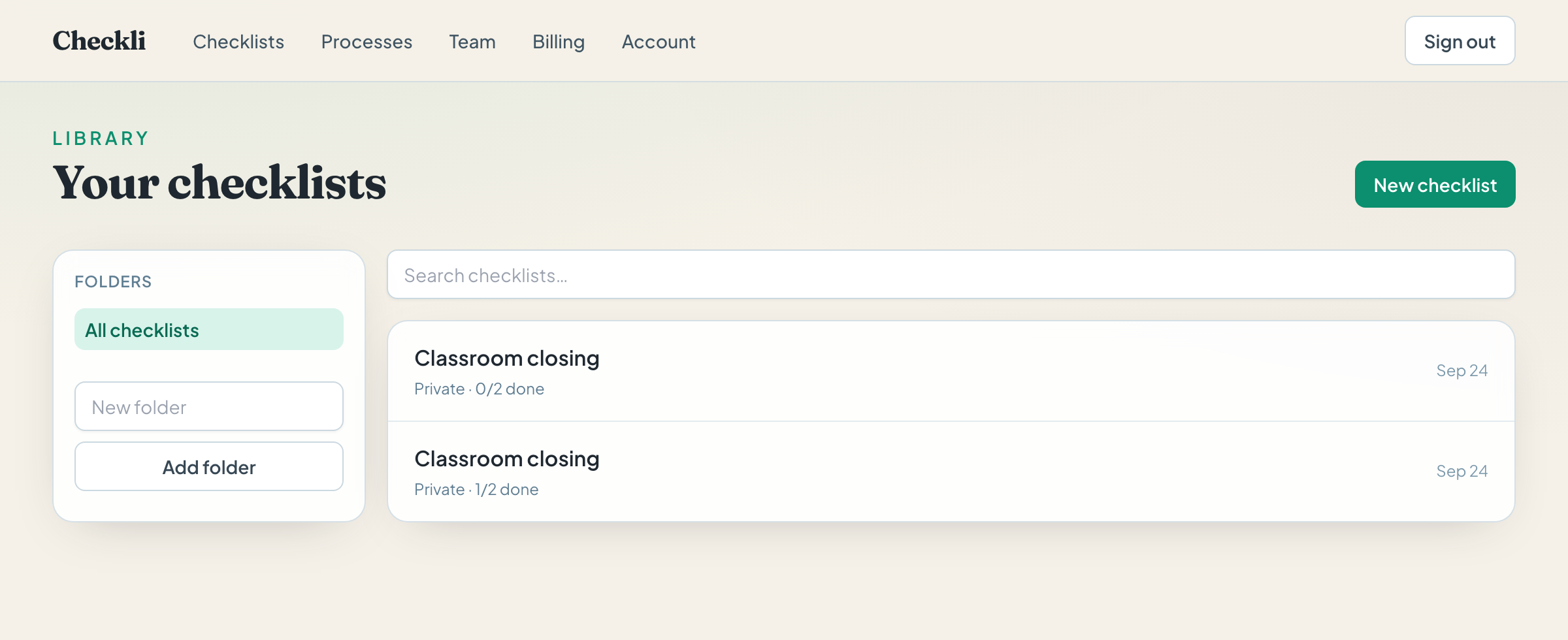 The checklists library, with a New checklist button, a folder list, search, and two Classroom closing checklists.
